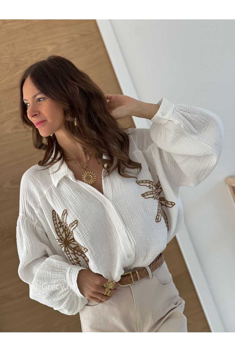 Chemise oversize palmiers gaze coton blanche manches ballons tendance mode printemps été grecy 2025