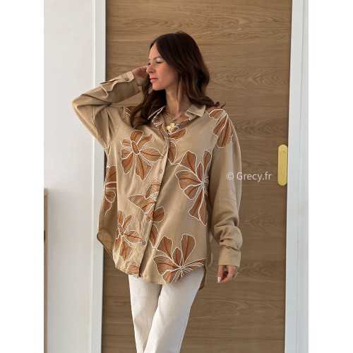 Chemise oversize beige fleurs brodées tendance mode printemps été grecy 2025