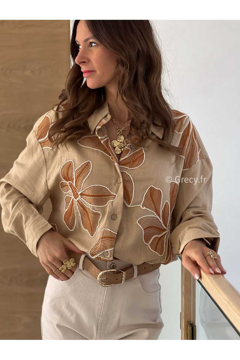 Chemise oversize beige fleurs brodées tendance mode printemps été grecy 2025