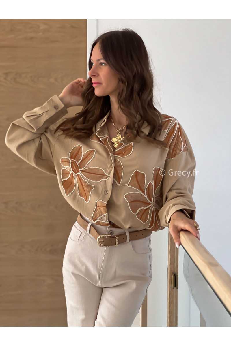 Chemise oversize beige fleurs brodées tendance mode printemps été grecy 2025