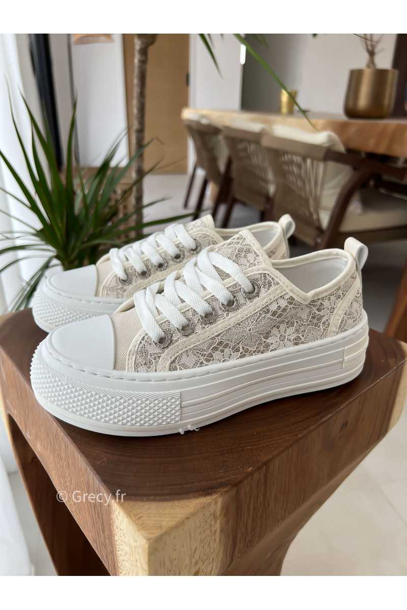 Baskets broderies paillettes blanches beige plateforme lacets mode tendance slingback talons confortable grecy