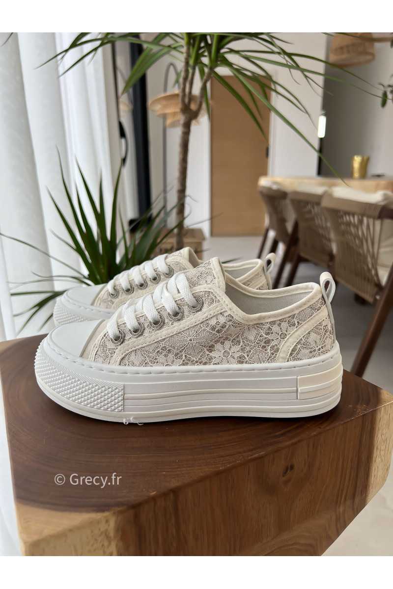 Baskets broderies paillettes blanches beige plateforme lacets mode tendance slingback talons confortable grecy
