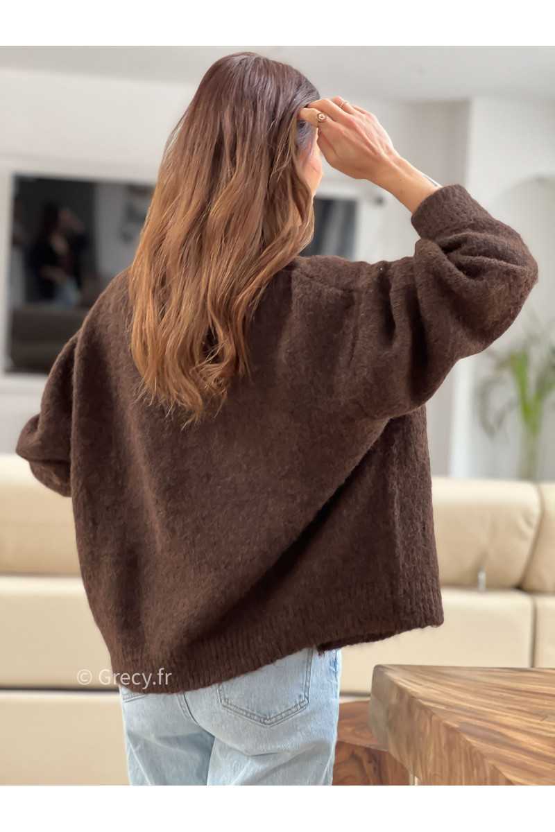 gilet laine marron chocolat col rond boutons mode tendance look ootd grecy