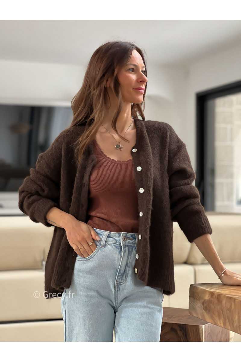 gilet laine marron chocolat col rond boutons mode tendance look ootd grecy