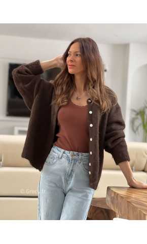 gilet laine marron chocolat col rond boutons mode tendance look ootd grecy