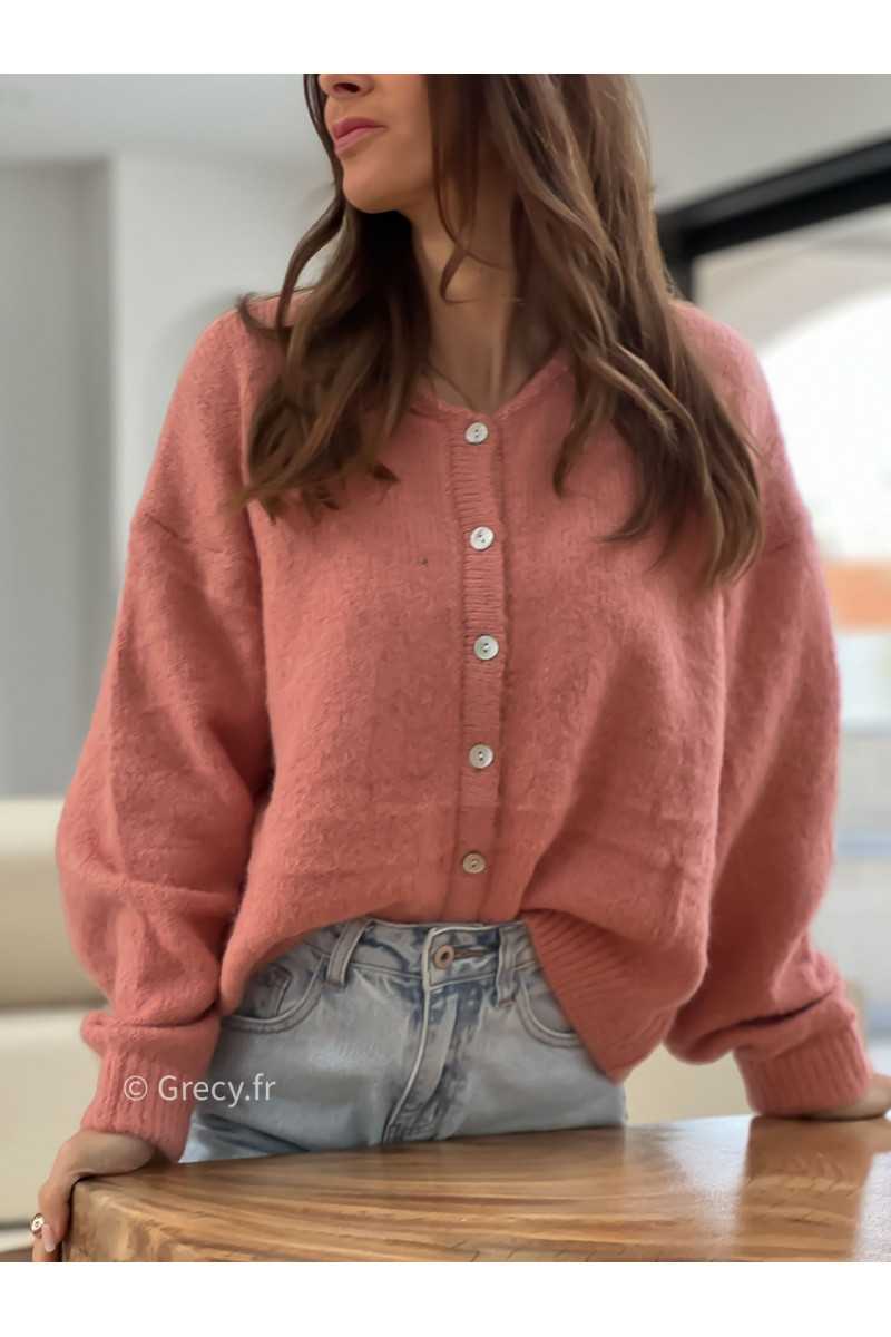 gilet laine vieux rose col rond boutons mode tendance look ootd grecy