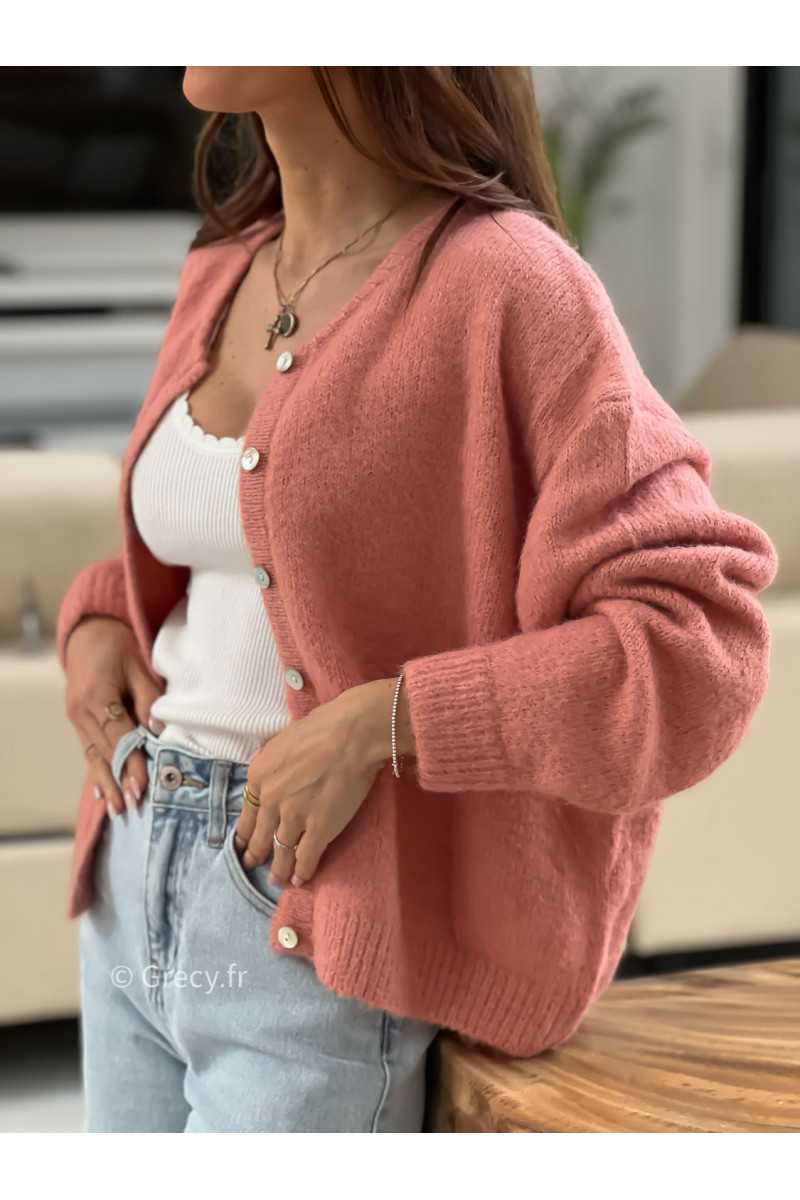 gilet laine vieux rose col rond boutons mode tendance look ootd grecy