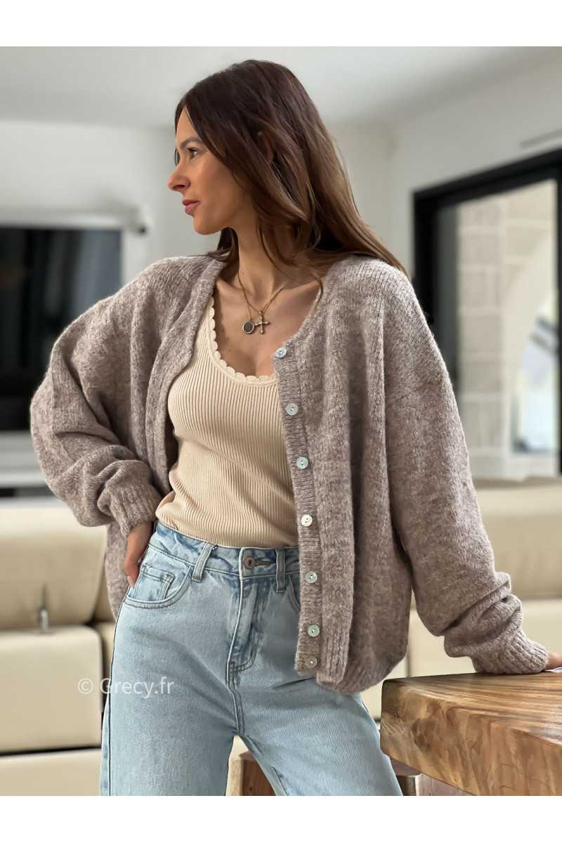 gilet laine taupe chiné boutons mode tendance look ootd grecy