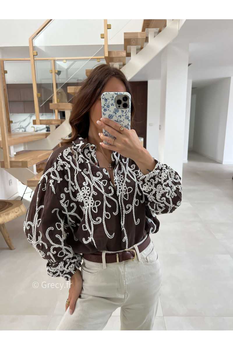 Chemise marron broderies mode tendance look ootd grecy bohème