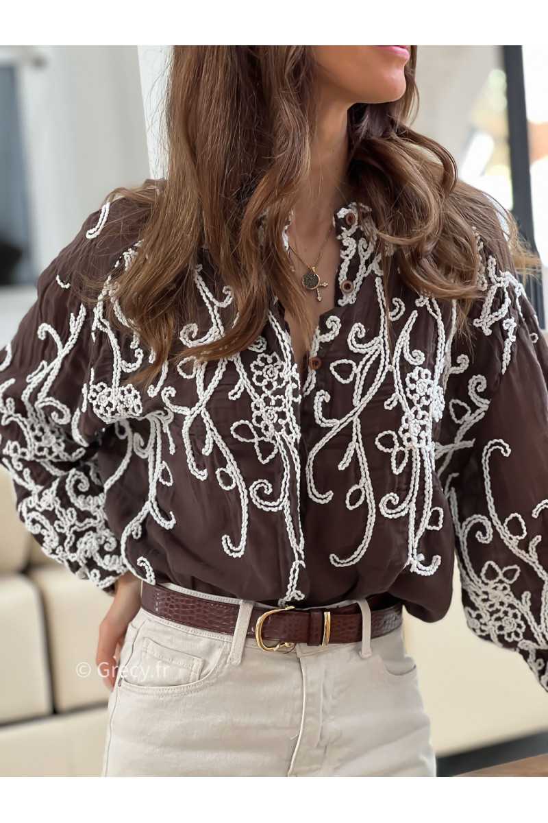 Chemise marron broderies mode tendance look ootd grecy bohème