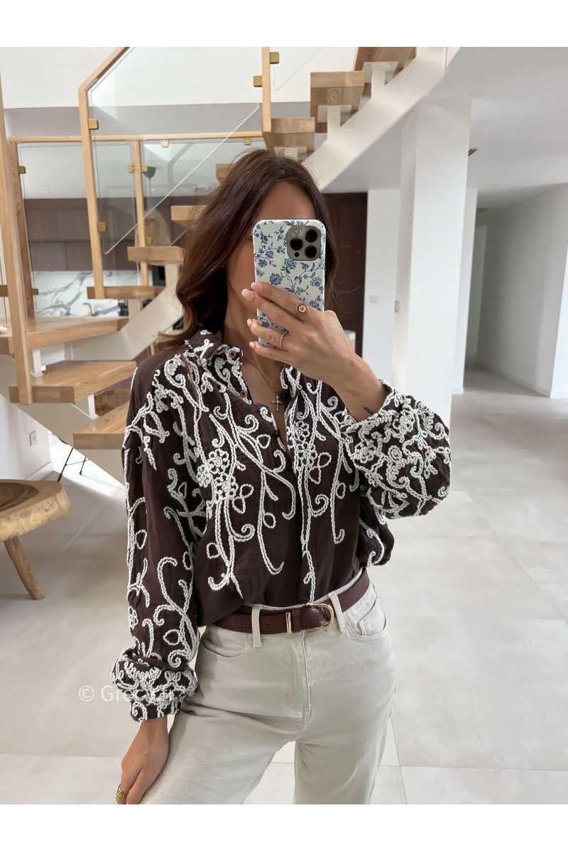 Chemise marron broderies mode tendance look ootd grecy bohème