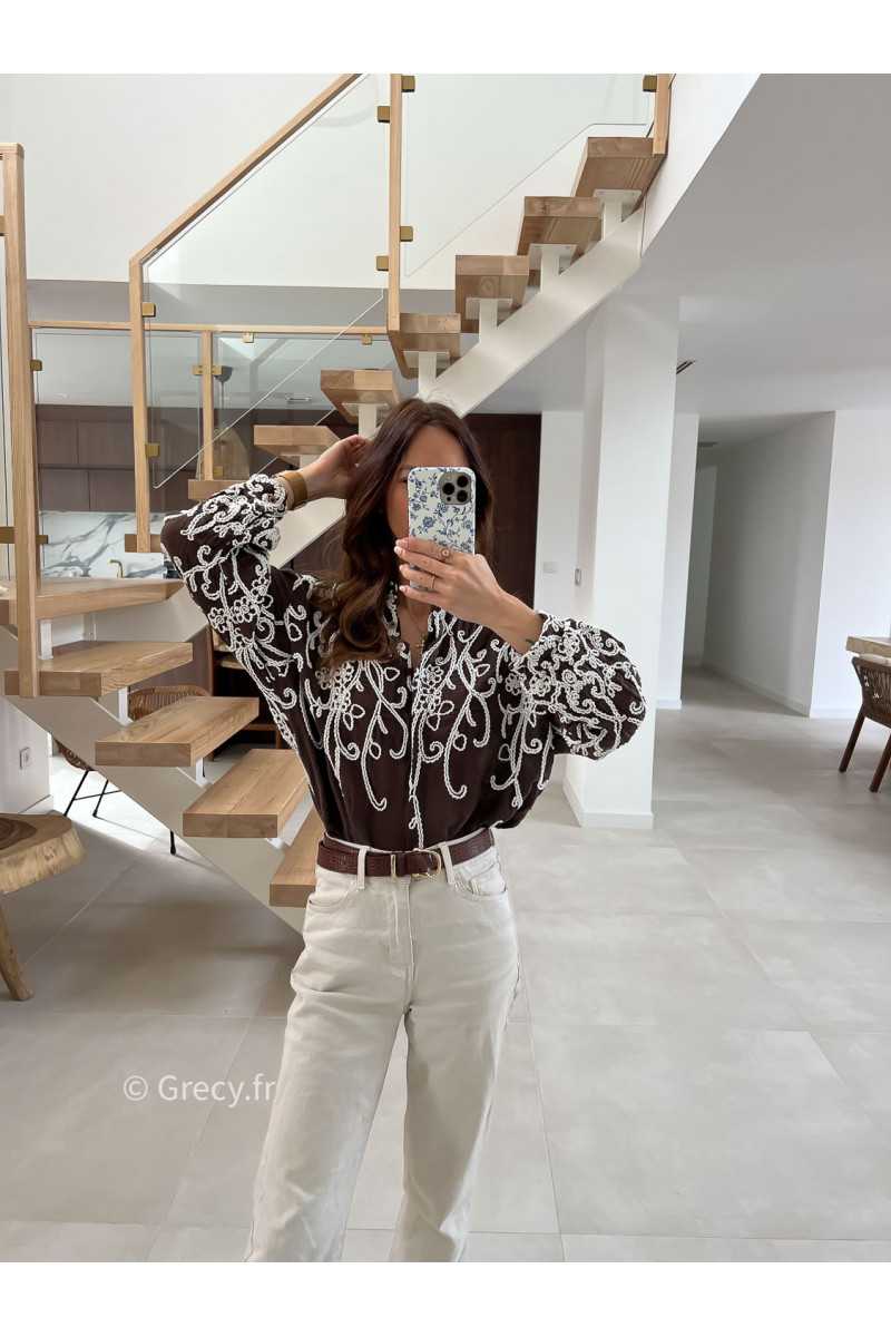 Chemise marron broderies mode tendance look ootd grecy bohème