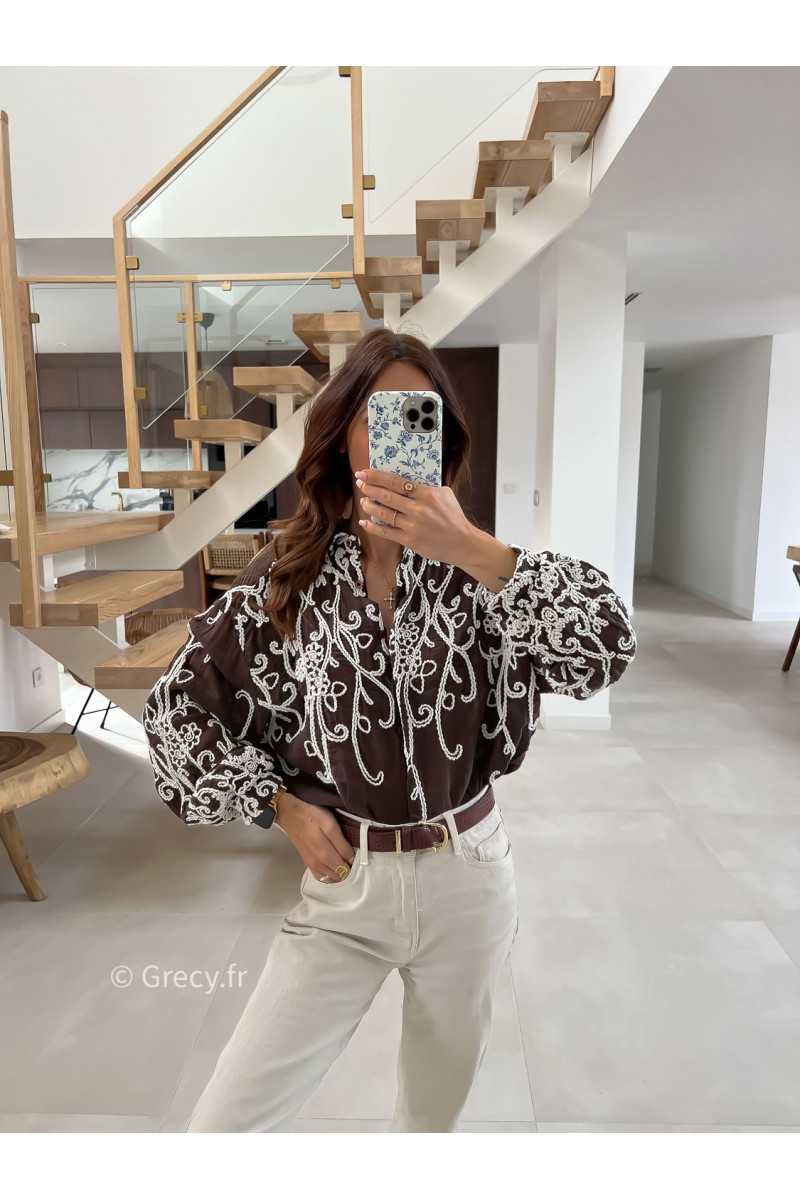 Chemise marron broderies mode tendance look ootd grecy bohème