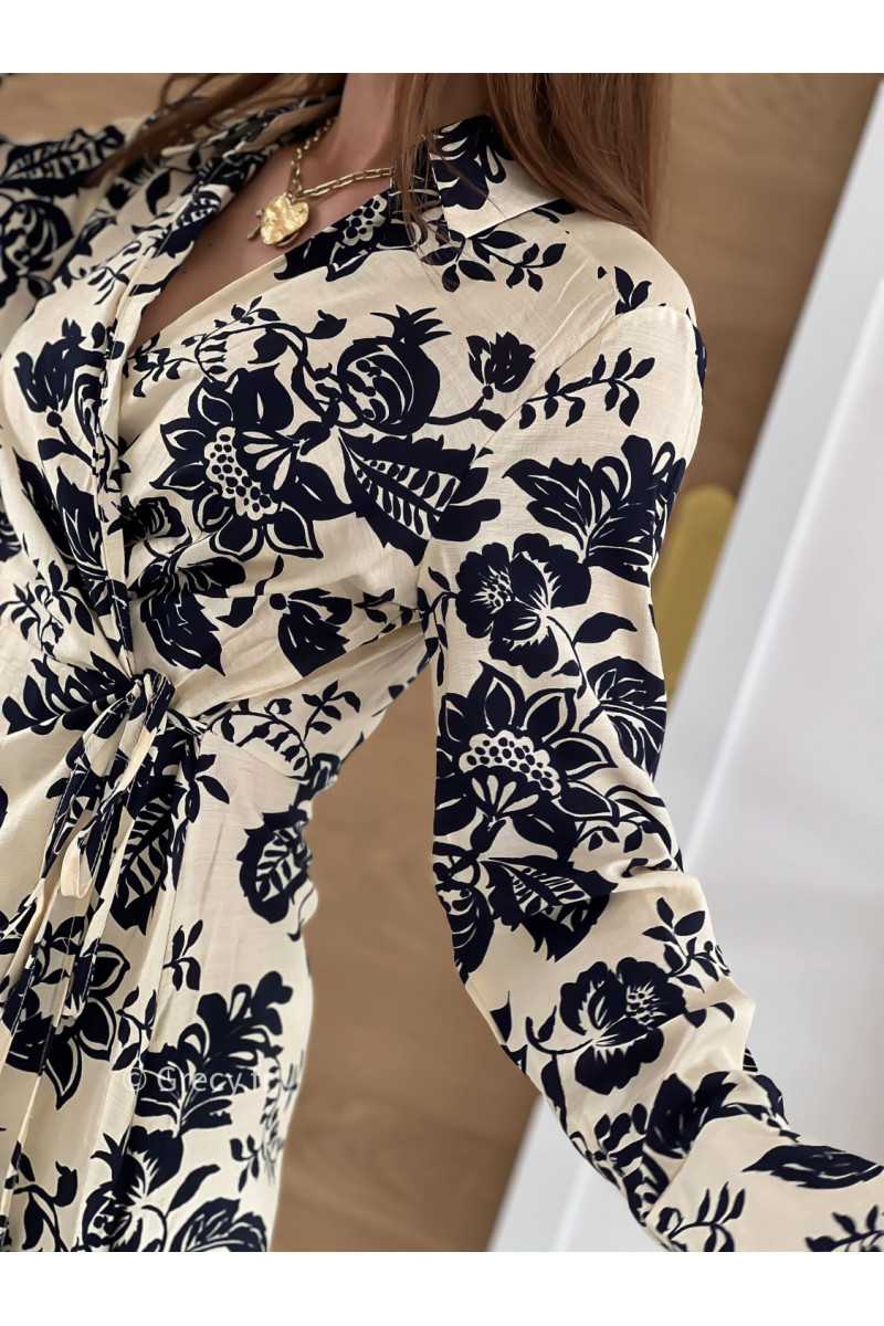 Robe élégante porte-feuille marine manches longues fleurie grecy mode look printemps