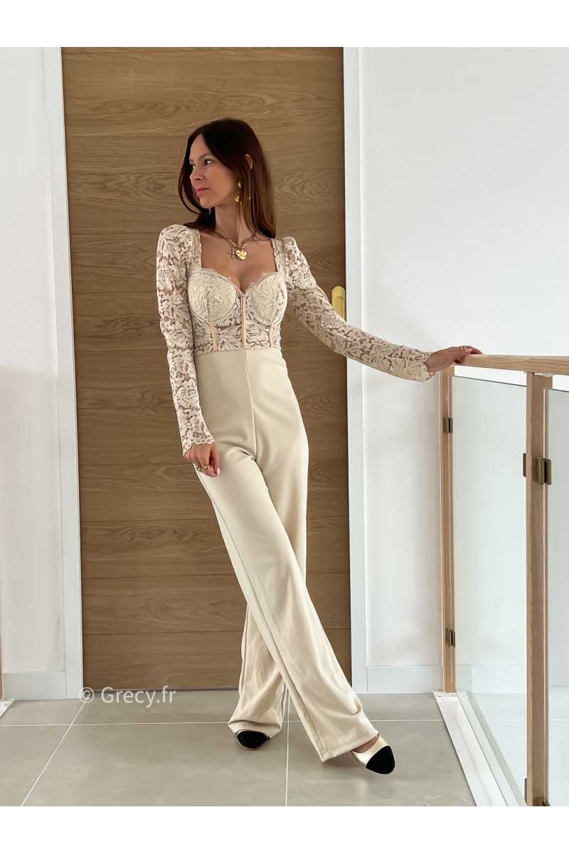 Combinaison pantalon dentelles beige manches longues été grecy mode look printemps