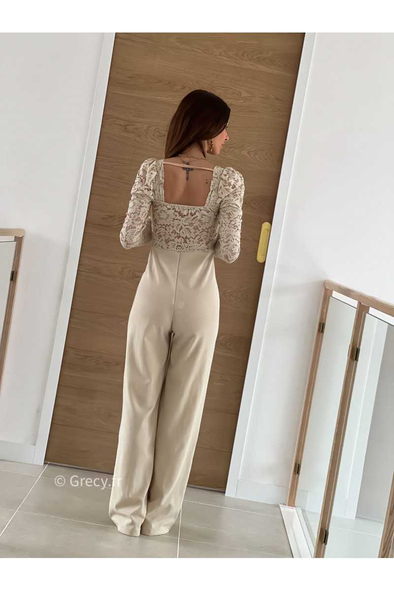 Combinaison pantalon dentelles beige manches longues été grecy mode look printemps