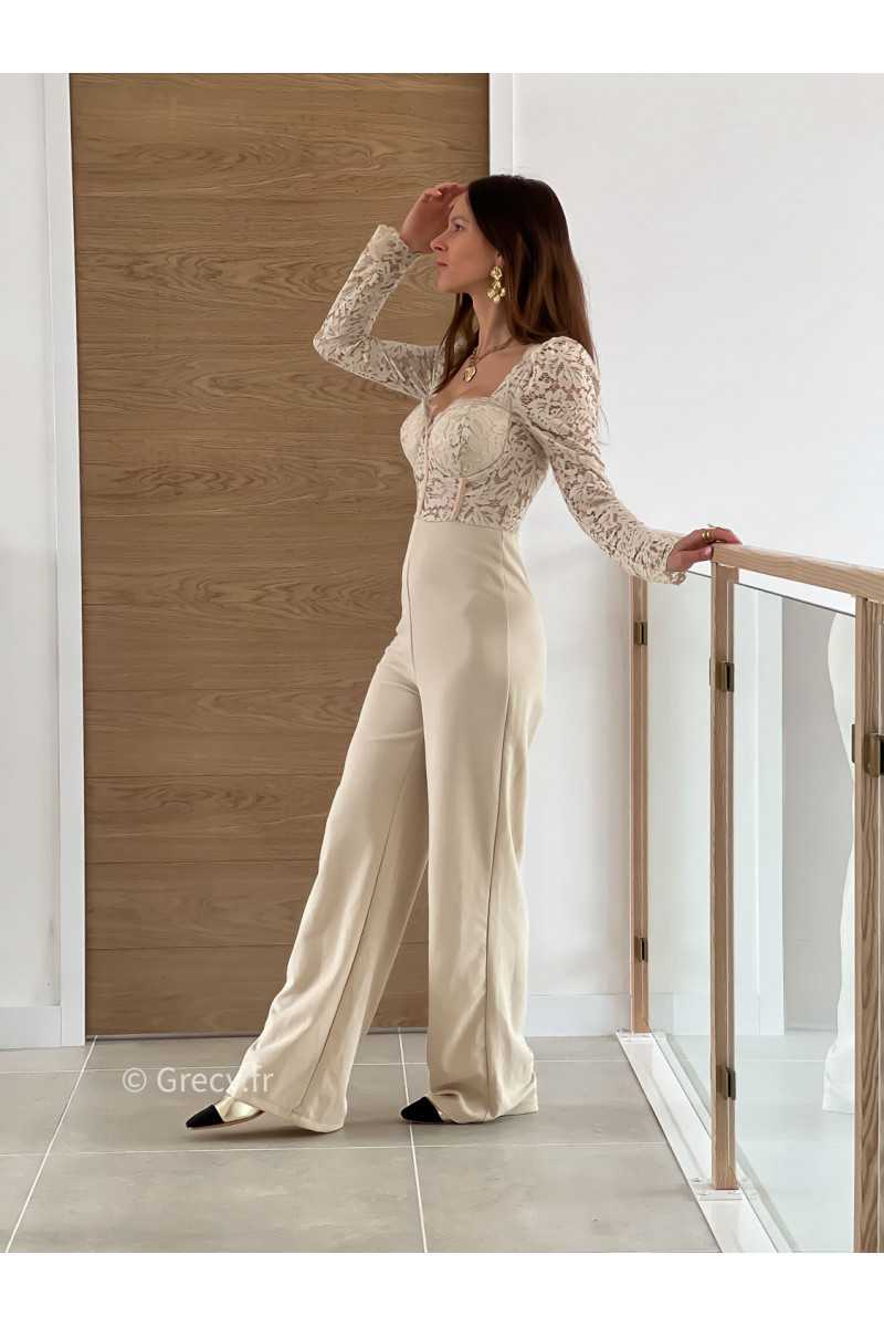 Combinaison pantalon dentelles beige manches longues été grecy mode look printemps
