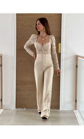 Combinaison pantalon dentelles beige manches longues grecy mode look printemps été