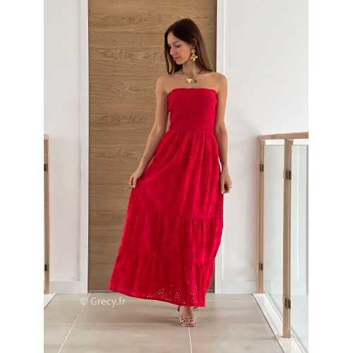 Robe longue rouge broderies bustier cérémonie mariage grecy mode look printemps été 2025