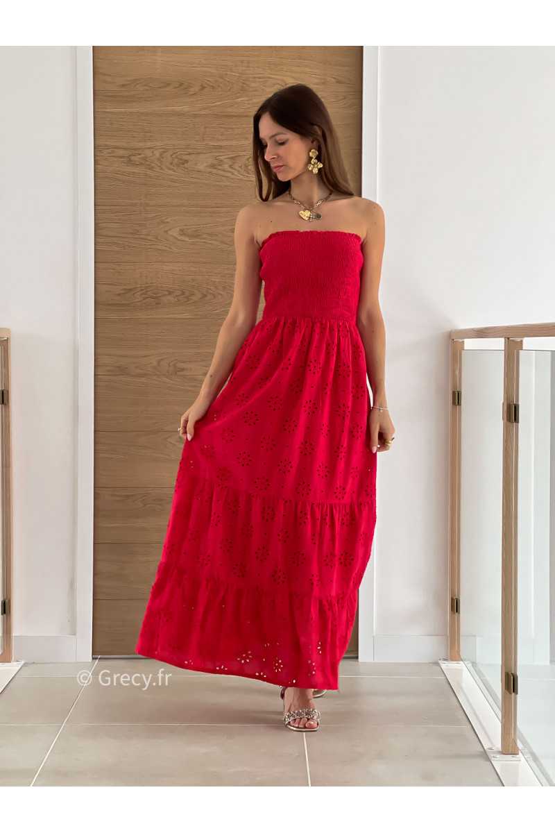 Robe longue rouge broderies bustier cérémonie mariage grecy mode look printemps été 2025