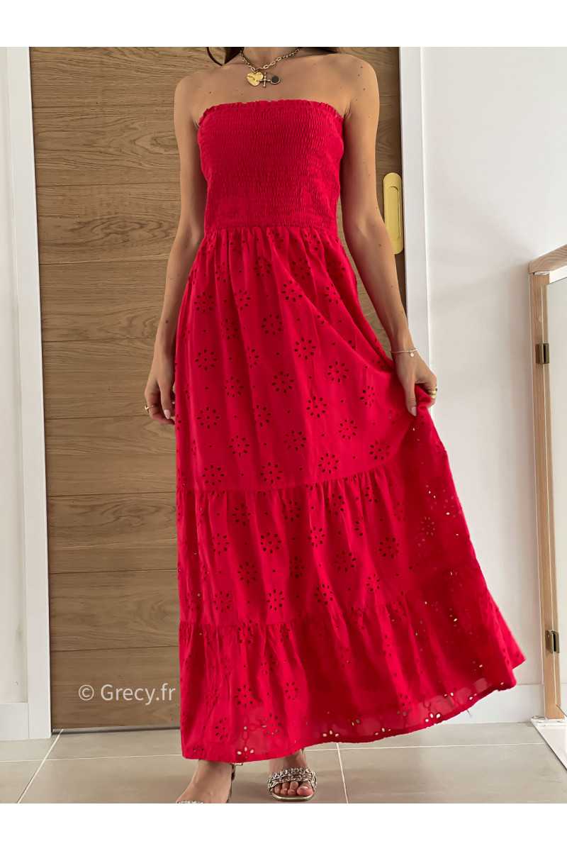 Robe longue rouge broderies bustier cérémonie mariage grecy mode look printemps été 2025