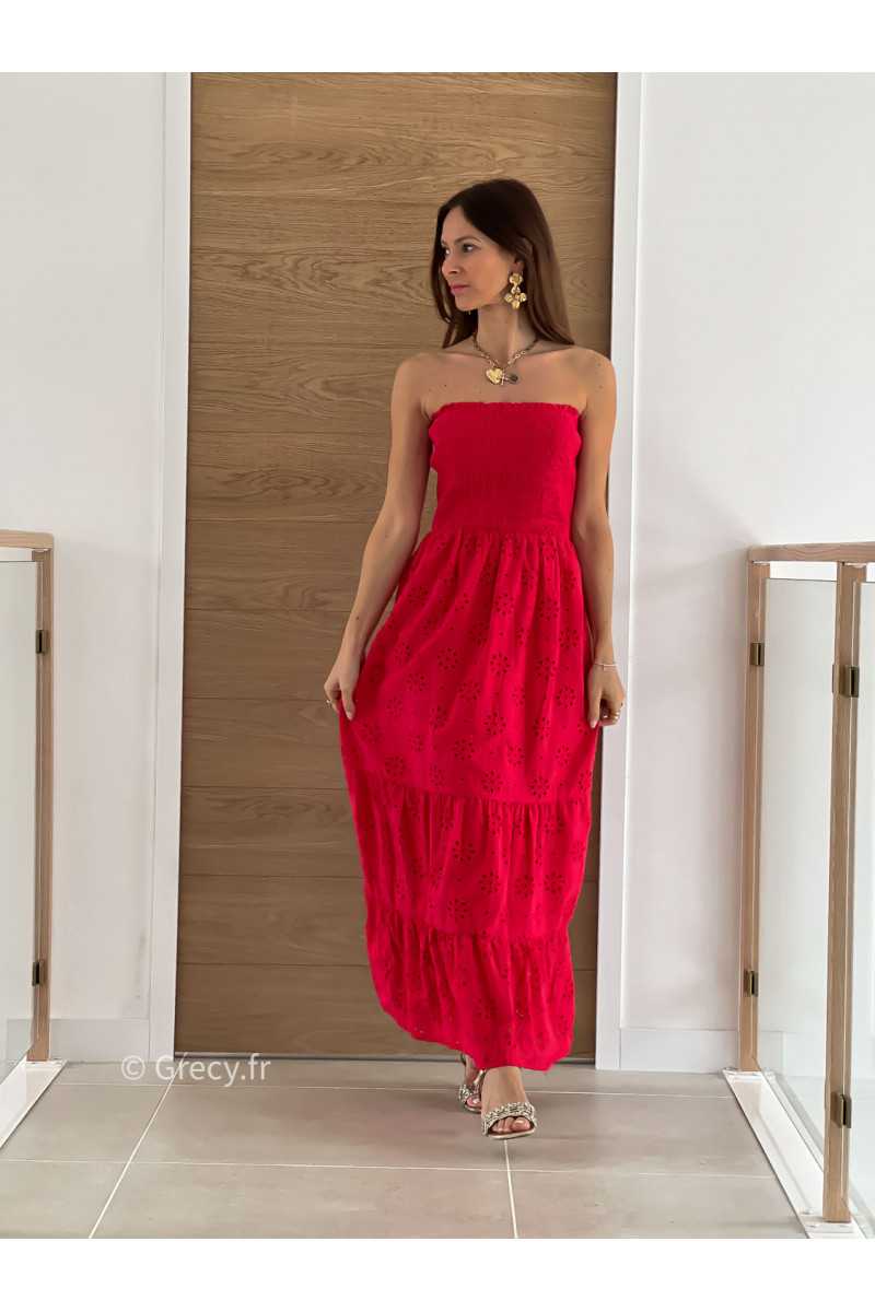 Robe longue rouge broderies bustier cérémonie mariage grecy mode look printemps été 2025