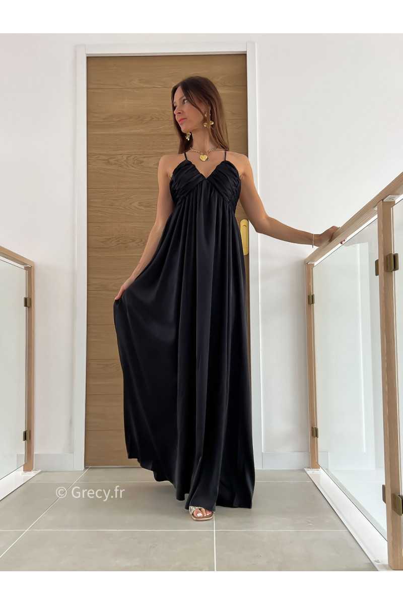 Robe longue satinée noire cérémonie mariage grecy mode look printemps été 2025
