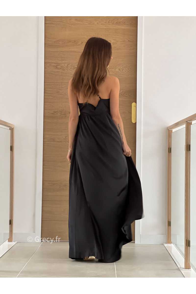 Robe longue satinée noire cérémonie mariage grecy mode look printemps été 2025