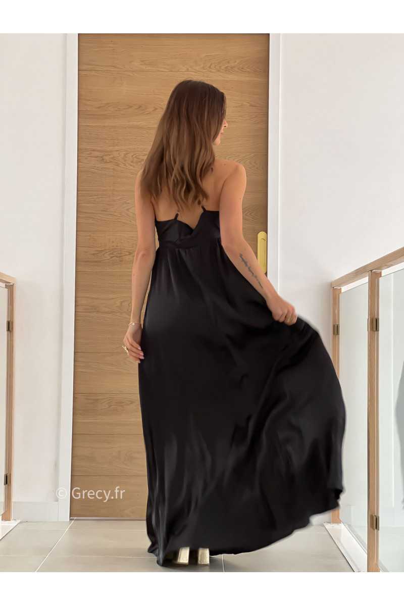 Robe longue satinée noire cérémonie mariage grecy mode look printemps été 2025