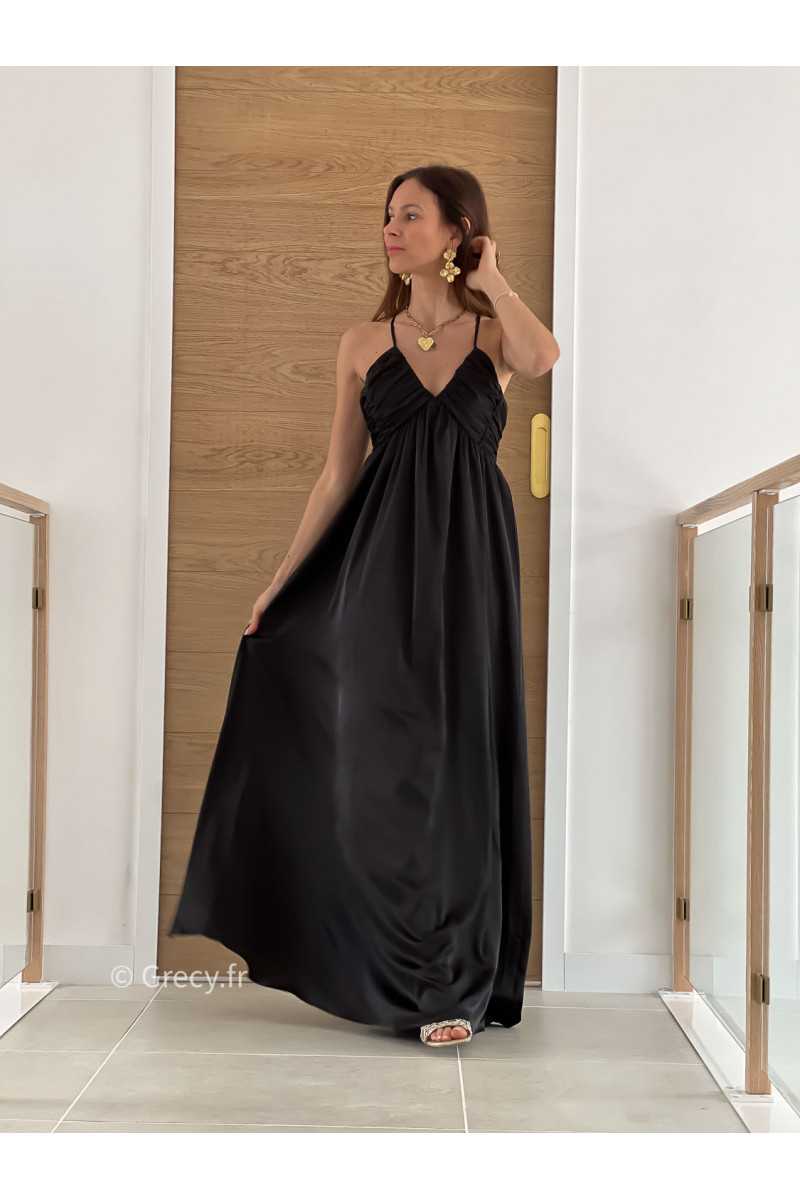 Robe longue satinée noire cérémonie mariage grecy mode look printemps été 2025