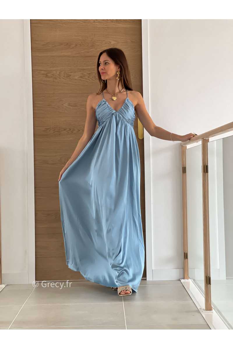 Robe longue satinée bleue cérémonie mariage grecy mode look printemps été 2025