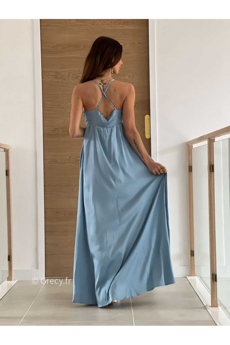 Robe longue satinée bleue cérémonie mariage grecy mode look printemps été 2025