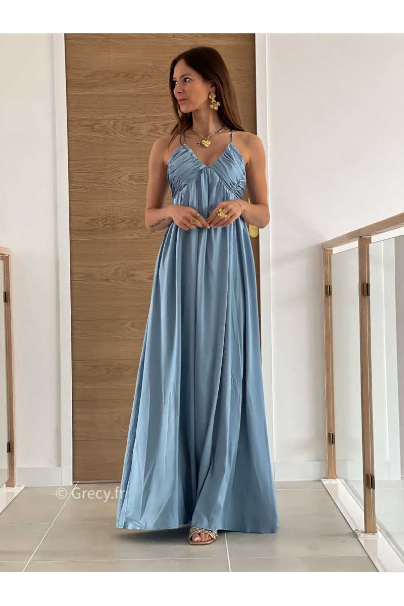 Robe longue satinée bleue cérémonie mariage grecy mode look printemps été 2025