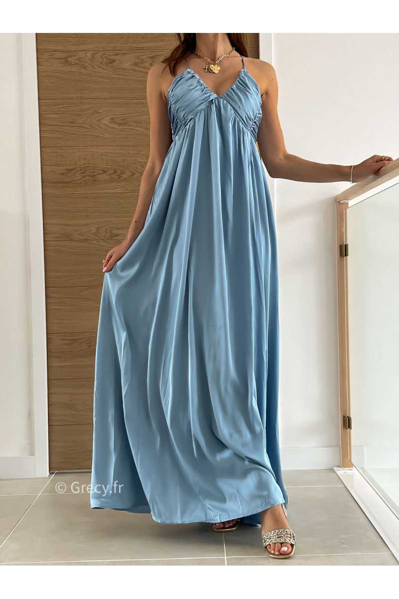 Robe longue satinée bleue cérémonie mariage grecy mode look printemps été 2025