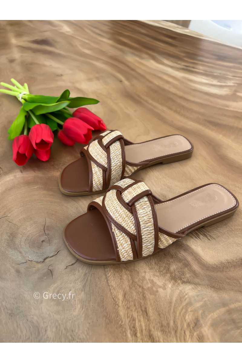Sandales plates croisées raphia marron été 2025 mode tendance grecy