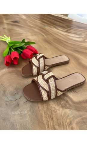 Sandales plates croisées raphia marron été 2025 mode tendance grecy