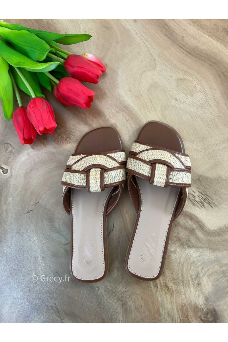 Sandales plates croisées raphia marron été 2025 mode tendance grecy