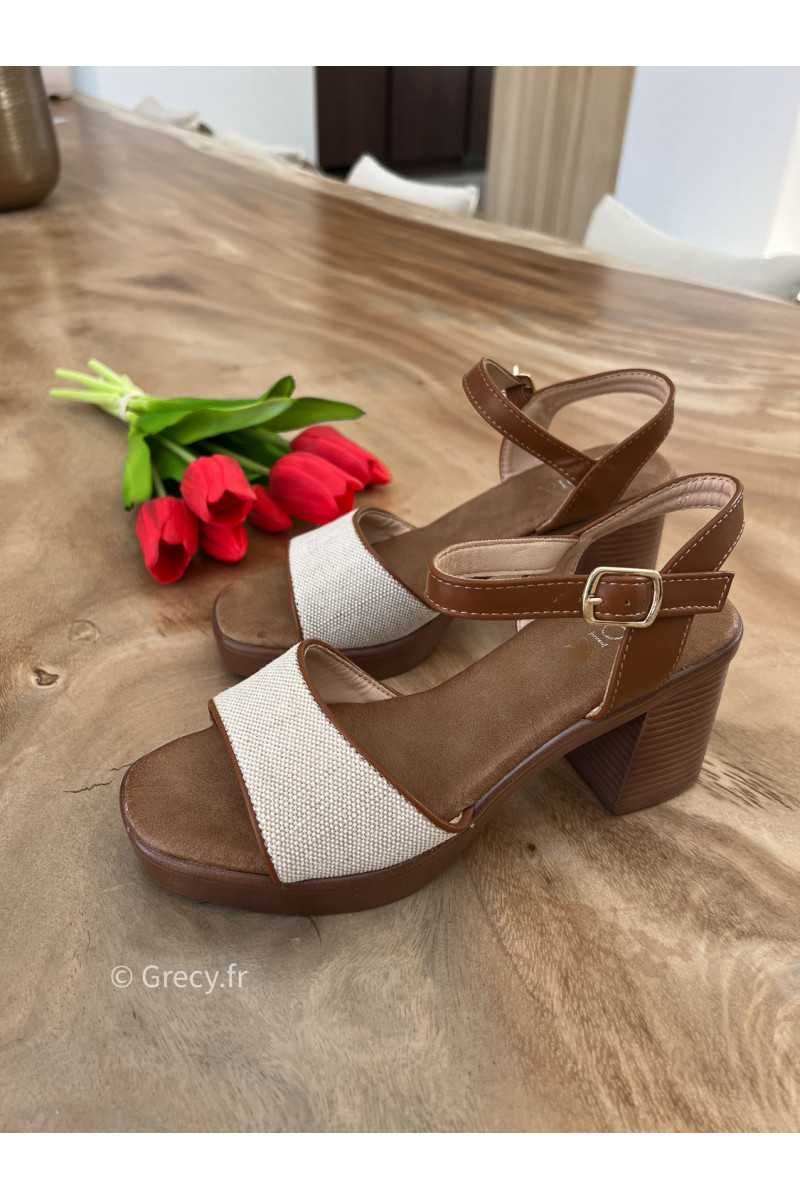 Sandales talons effet lin beige marron été 2025 mode tendance grecy