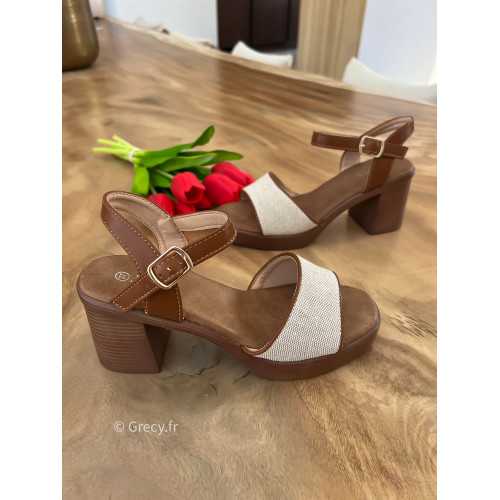 Sandales talons effet lin beige marron été 2025 mode tendance grecy