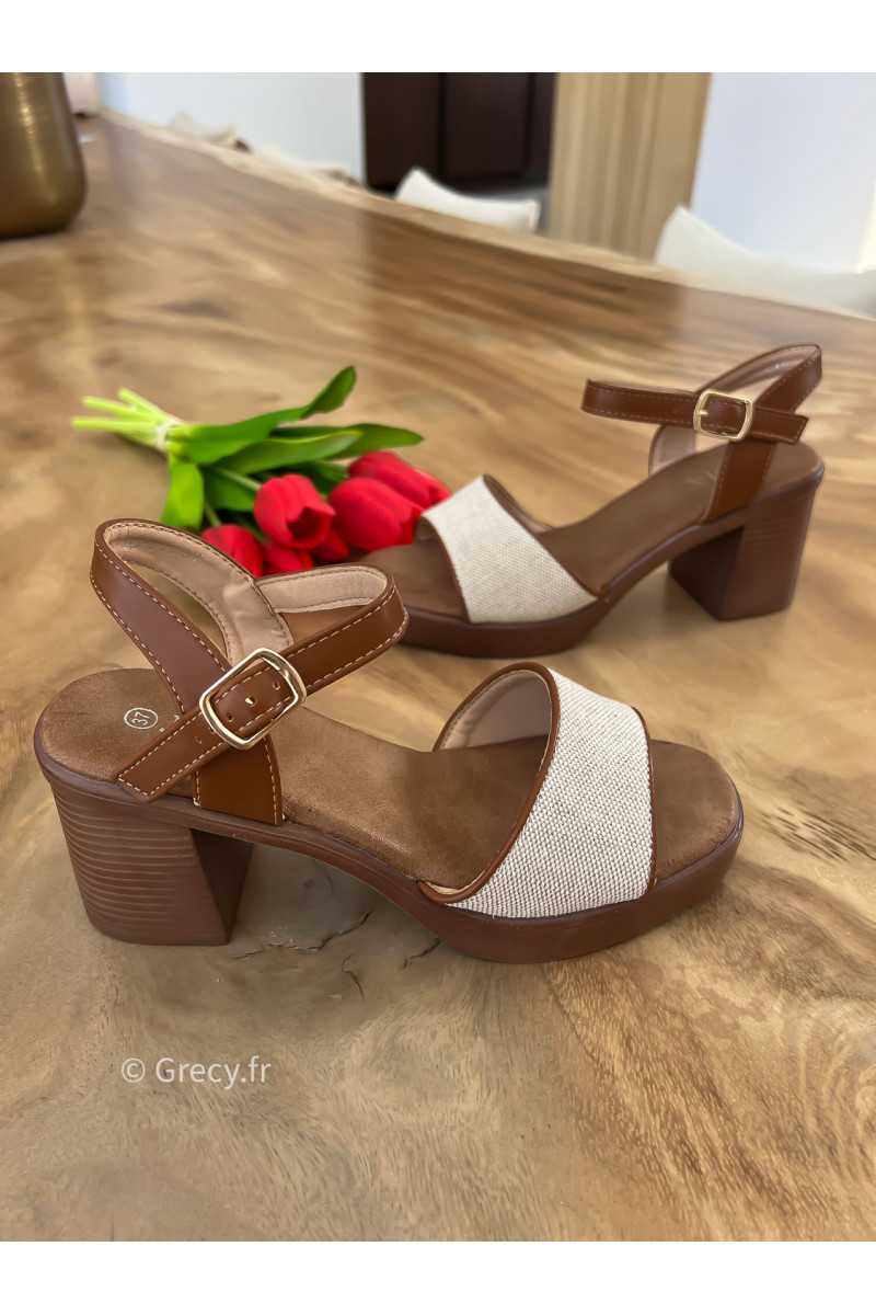 Sandales talons effet lin beige marron été 2025 mode tendance grecy