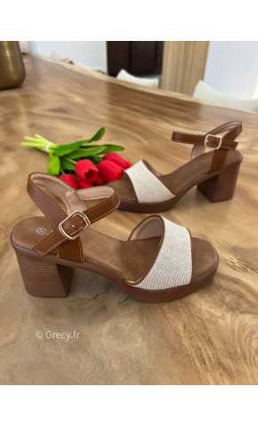 Sandales talons effet lin beige marron été 2025 mode tendance grecy