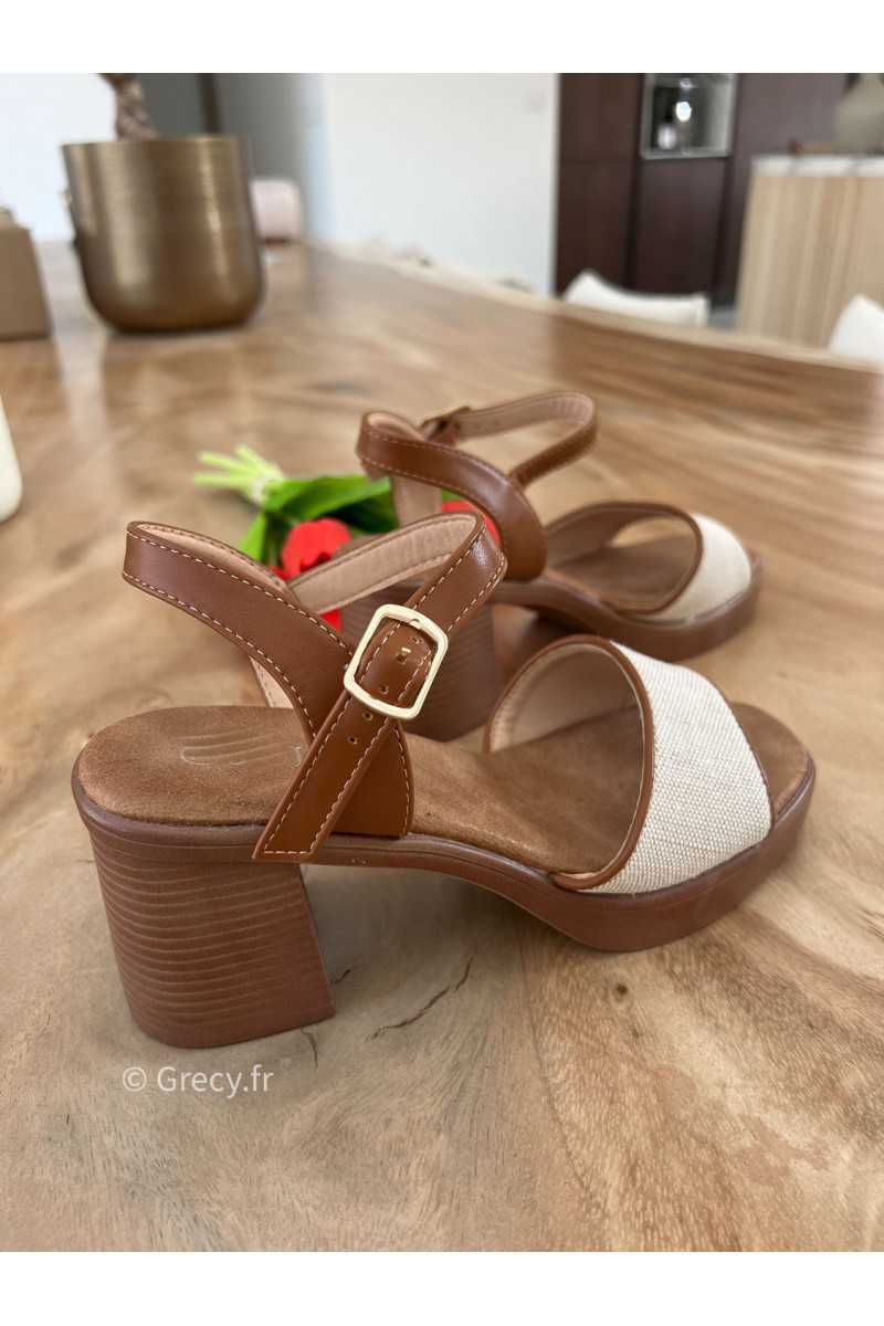 Sandales talons effet lin beige marron été 2025 mode tendance grecy