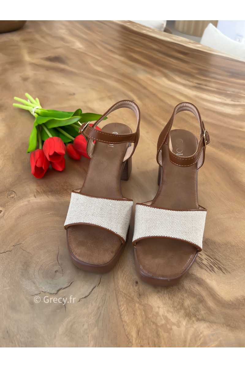 Sandales talons effet lin beige marron été 2025 mode tendance grecy