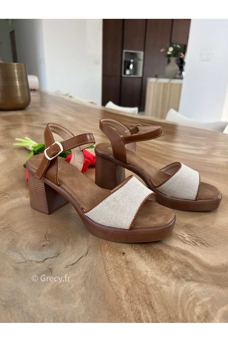 Sandales talons effet lin beige marron été 2025 mode tendance grecy
