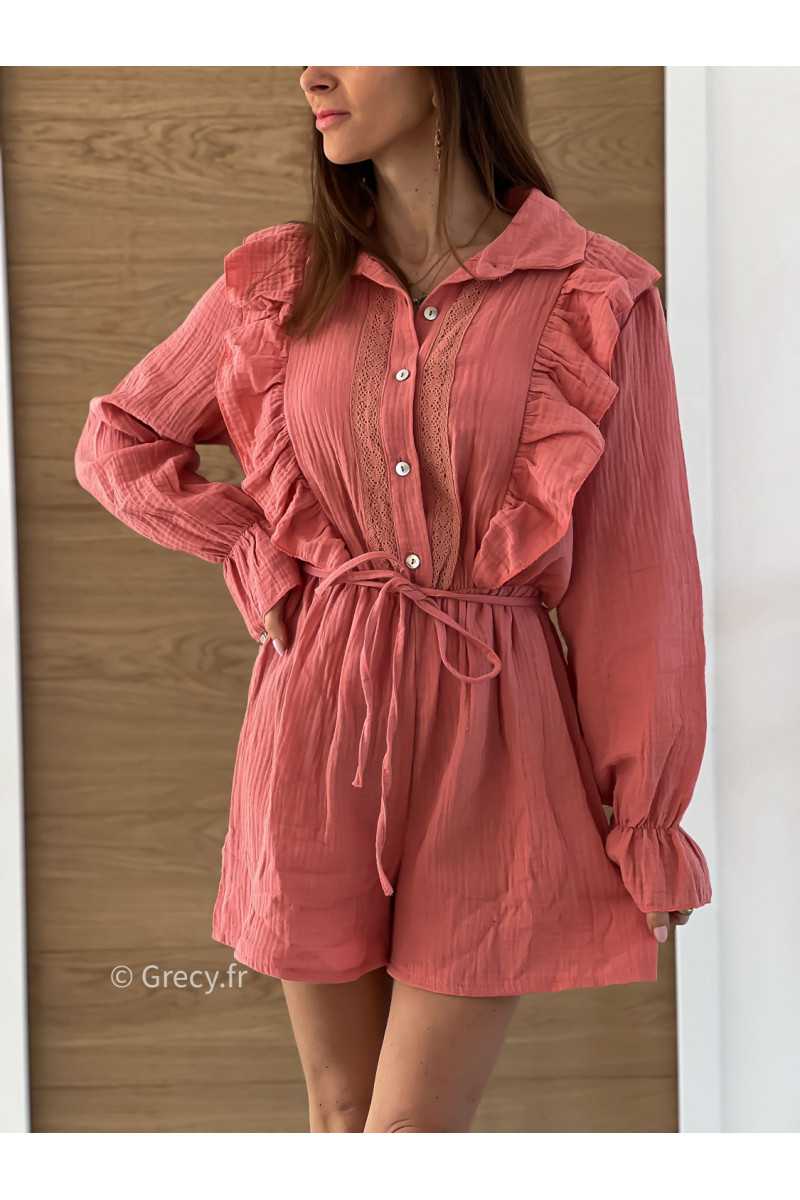 combishort gaze de coton vieux rose été 2025 mode tendance grecy