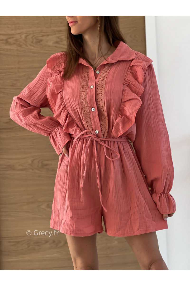 combishort gaze de coton vieux rose été 2025 mode tendance grecy