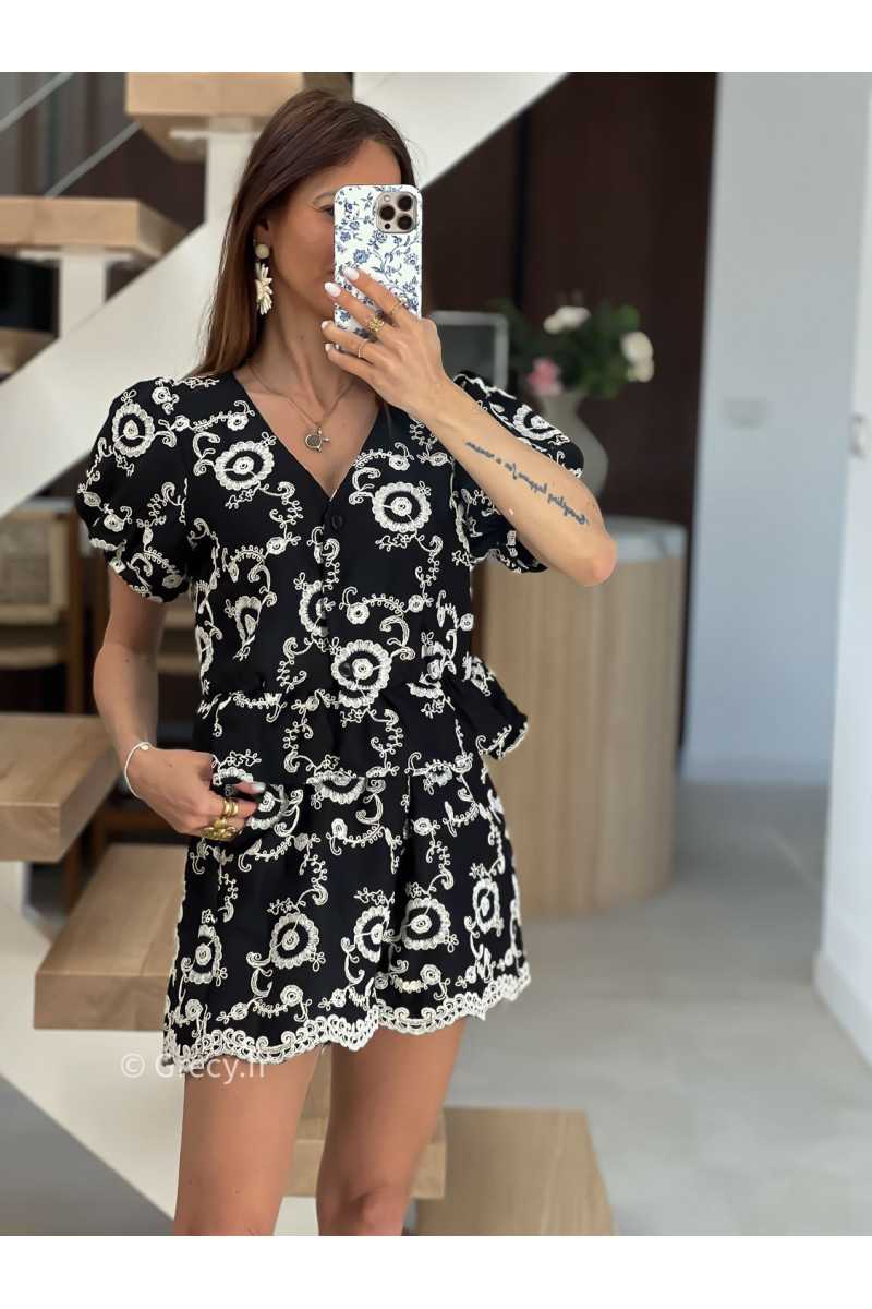 Ensemble broderies noir short et chemisier mode tendance printemps été 2025 grecy chic élégant