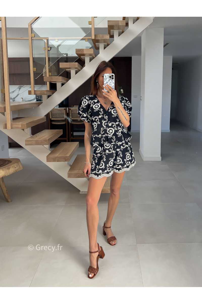 Ensemble broderies noir short et chemisier mode tendance printemps été 2025 grecy chic élégant