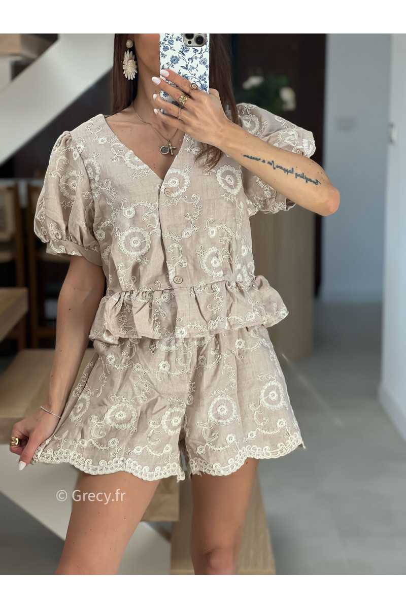 Ensemble broderies beige blanc short et chemisier mode tendance printemps été 2025 grecy chic élégant