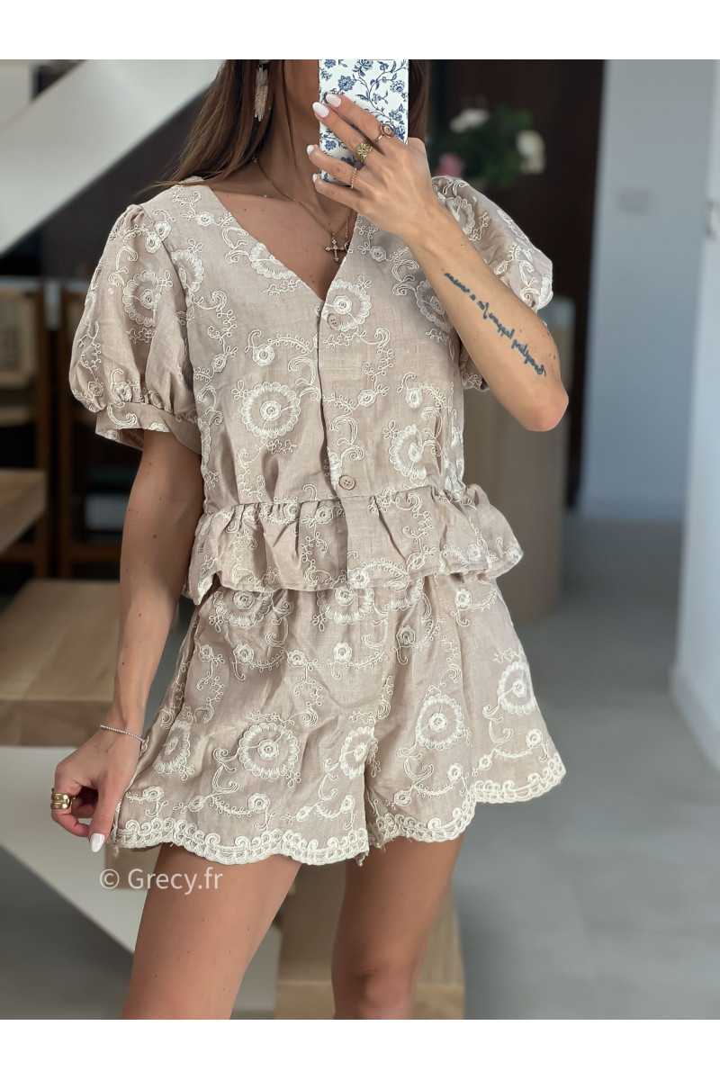Ensemble broderies beige blanc short et chemisier mode tendance printemps été 2025 grecy chic élégant